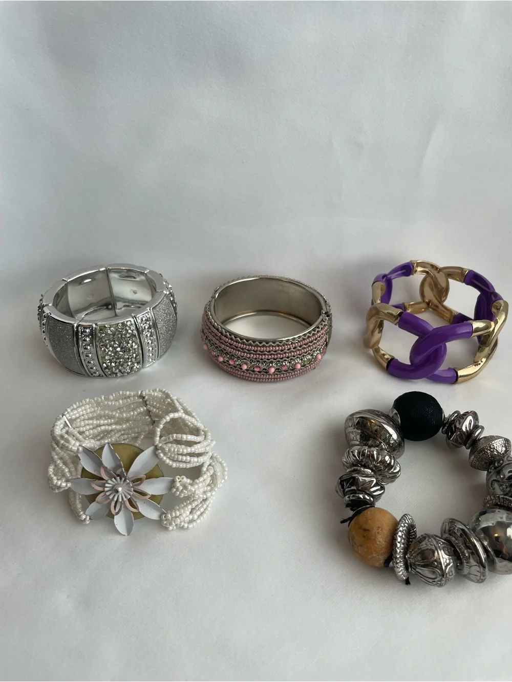 5 Chunky Bracelet Lot Boho Hippie Silvertones Pink White Flower